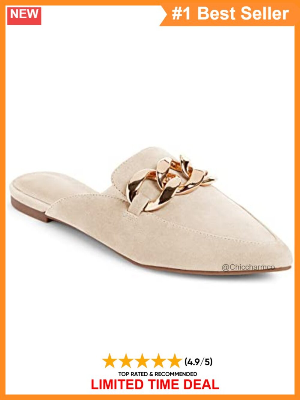 Womens Pointed Toe Backless Mules Flat Slip On Loafers Chain Slides